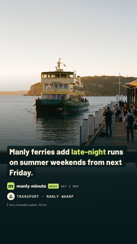 Sample frame: the Manly ferry arriving at Manly Wharf at sunset